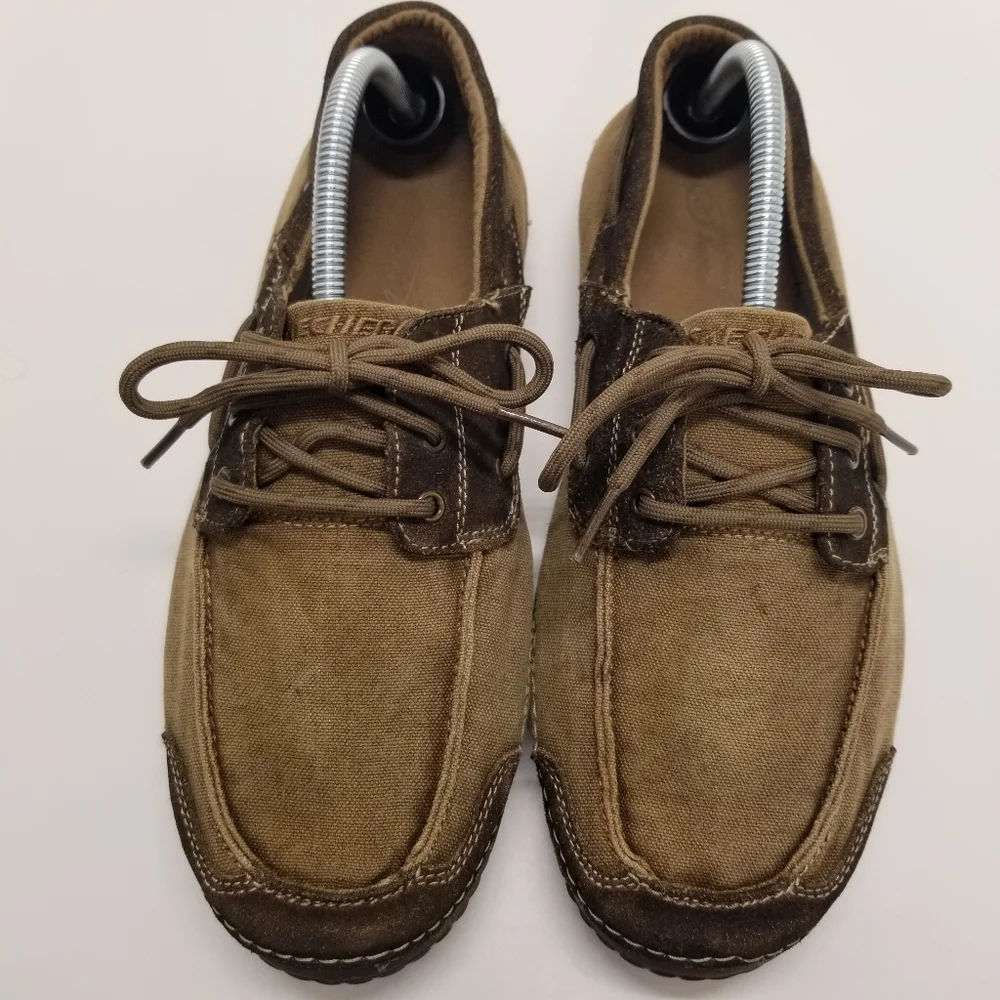 Sketchers Mens Size 10.5 Tan/Brown Textile Canvas Upper Loafer Lace Up Slip On